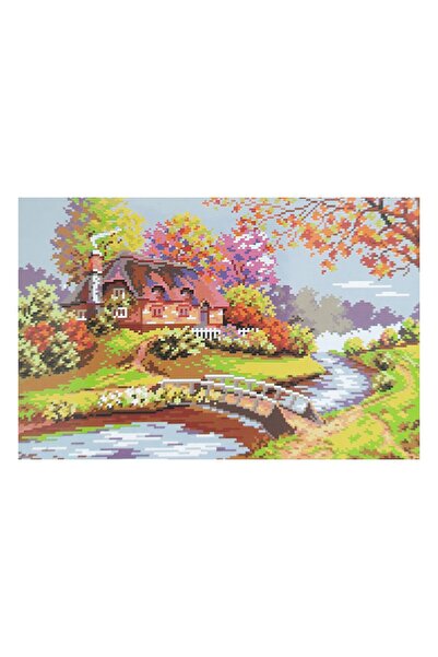 ElkaHobi Goblen Etamin Işleme Seti 40x50 Cm Dere Kenarındaki Ev Deseni