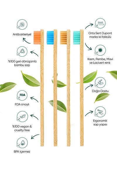 TBRUSH Natural Bamboo Vegan Toothbrush - 4 pcs- Medium Hard (Medium) - Plastic Free