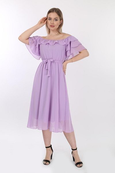 Azra Style Rochie de damă Carmen cu guler cu volan și curea din șifon, liliac, pe umăr