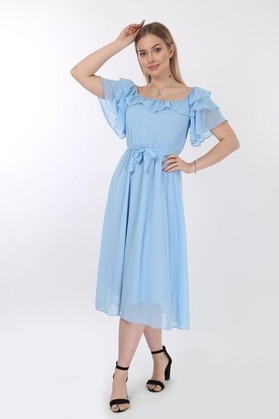 Azra Style Rochie de damă din șifon albastru bebeluș cu guler cu volan