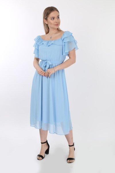 Azra Style Women's Collar Flounced Belted Chiffon Baby Blue Shooting Dress