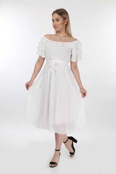 Azra Style Γυναικείο φόρεμα σκοποβολής Carmen Collar Flounce Chiffon White