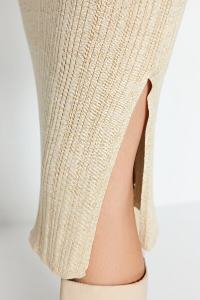 Trendyol Collection Rochie tricotajă midi sclipitoare bej TWOAW24EL00047