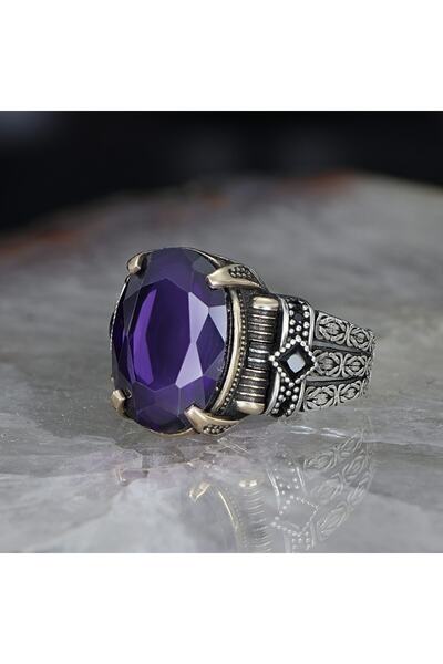 RevSilver Zincir Gümüş 925 Ayar Erkek Yüzük Mor Zirkon Oval Taşlı Lüks Takı