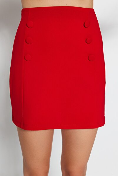 Trendyol Collection Red Smart Crepe Button Detailed Mini Pencil Stretch Knitted Skirt TWOAW24ET00025