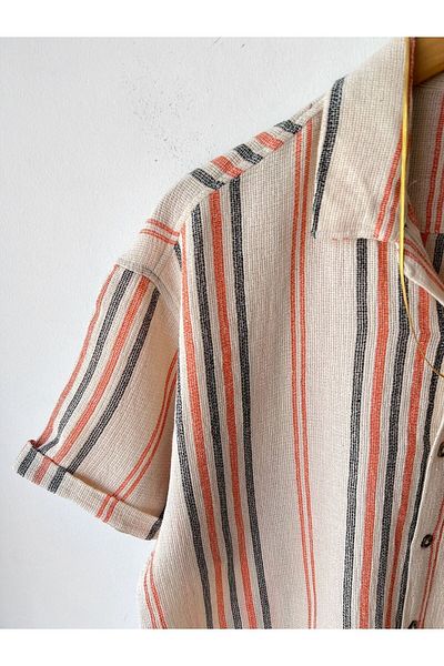 Hazhers Men's Oversize Striped 100% Linen Shirt Collar Short Sleeve Shirt