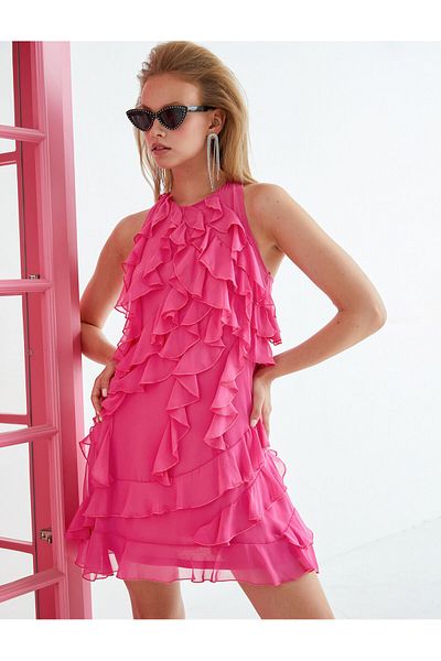 Koton Mini Evening Dress Chiffon Ruffle Halter Neck Lined