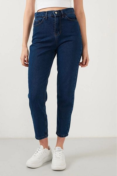 TugsatTasarTekstil Anna Dark Blue Boyfriend Mom Jean Pantaloni de damă din denim colorfast
