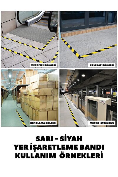 Mutluyol Sarı Siyah Yer İşaretleme Bandı Yapışkanlı Şerit Bant İkaz Bandı Çizgili Bant