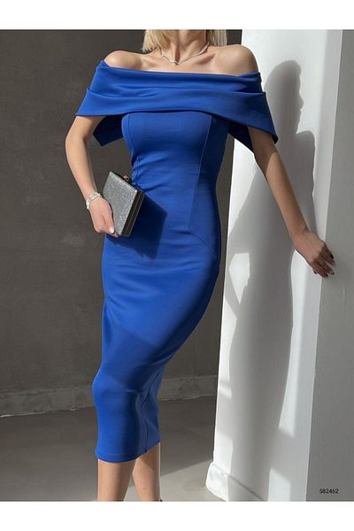 rengafashion Rochie cu guler Madonna albastru pentru femei, cu lungime midi, țesătură scuba