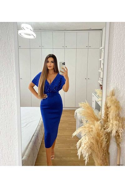 rengafashion Rochie de seară din țesătură pentru scufundări, cu centură albastră, cu perle