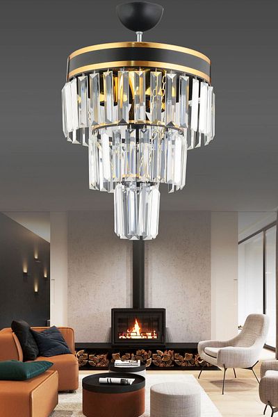 Kraliçe Paris 3-Tier Black-Gold Gilded Crystal Stone Modern Chandelier of 30'