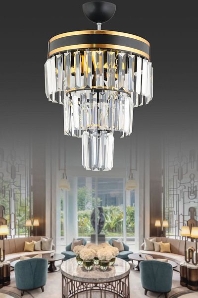 Kraliçe Paris 4-Tier Black and Gold Gilded Crystal Stone Modern Chandelier of 30'