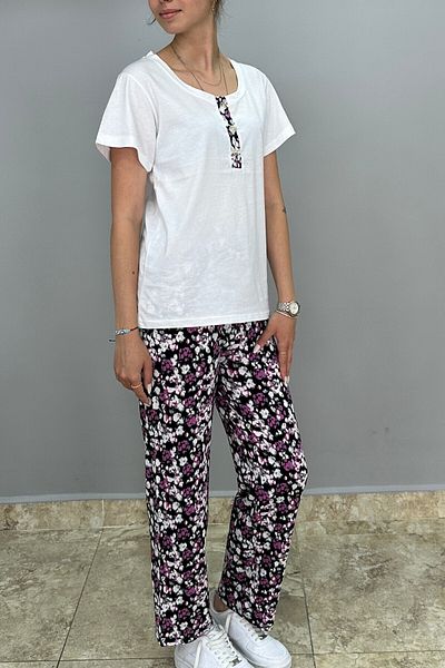 Tam Moda Γυναικείο Σετ Πυτζάμες Τοπ κοντομάνικο Λευκό - Μωβ φλοράλ πάτο