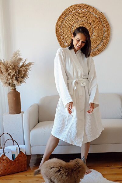 vivamaison Adult Kimono Bathrobe, 100% Cotton 4 Layers Multi Muslin White