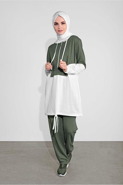 TRENDTESETTÜR Γυναικείο Χακί (KHAKI-CREAM) Σετ παντελονιού με κουκούλα δύο χρωμάτων 4236