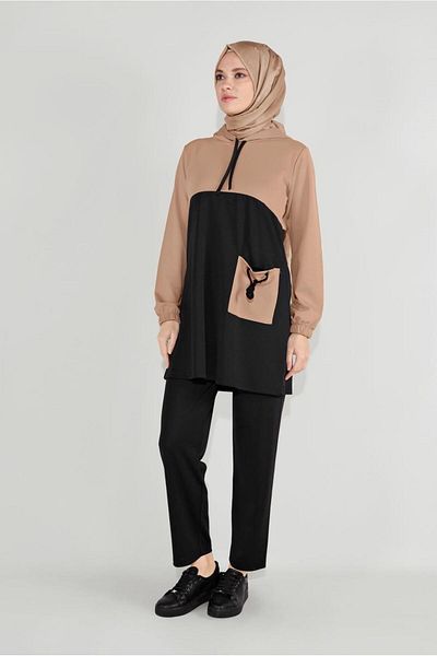 TRENDTESETTÜR Γυναικείο Μπεζ (ΜΠΕΖ-ΜΑΥΡΟ) Σετ αθλητικής φόρμας με λεπτομέρεια τσέπης 1116