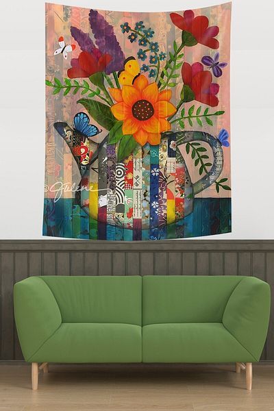 on the clouds Flowers and Butterfly in Teapot Vintage Theme Stain Resistant Fabric Wall Cloth Wall Tapestry Tapestry