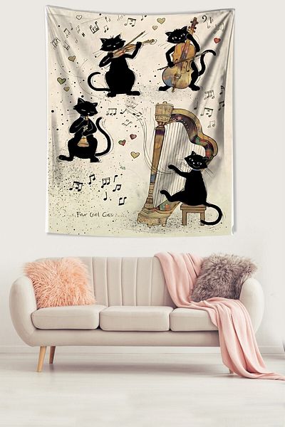 on the clouds Musician Cats Sheet Music and Hearts Stain Resistant Fabric Wall Cloth Wall Carpet Tapestry