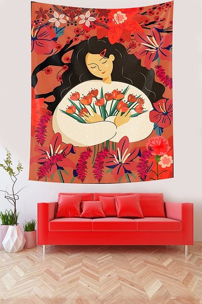 on the clouds Poppies Flowers and Peaceful Girl Stain Resistant Fabric Wall Cloth Wall Carpet Tapestry