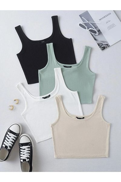Keywest Women's Set of 4 Black-White-Green-Beige Crop Top Blouse