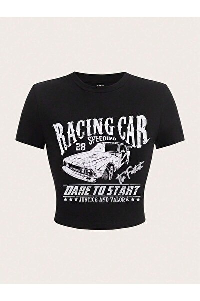 Jose Clothing BLUZ CROP TOP cu mânecă scurtă, Așezat pe CORP, IMPRIMAT NEGRU