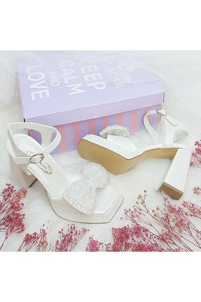 ASLIACAR Crystal Jewelled Bow Detailed Short Heeled Bridal Shoes