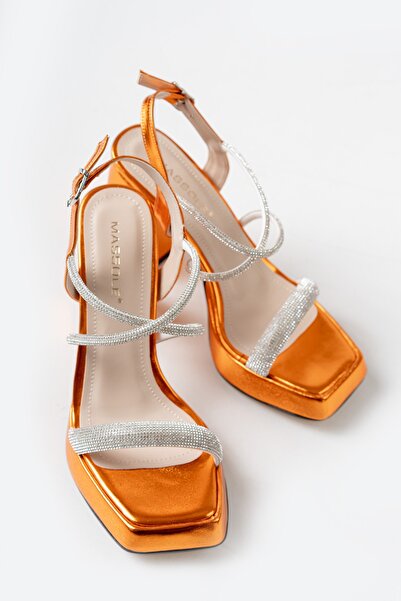MASSOLE Orange Metallic Stone Banded Angular Platform Summer Comfortable Women's Shoes Premium Model New Season