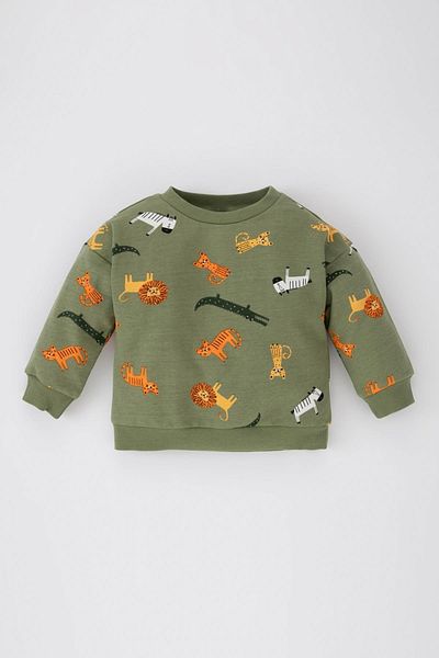 DeFacto Sweatshirt-Stoff-Sweatshirt mit normaler Passform und Rundhalsausschnitt mit Tiermuster für Babys