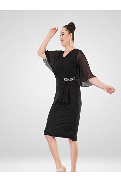 Arin büyük beden şifonlu taş detaylı simli elbise 39611