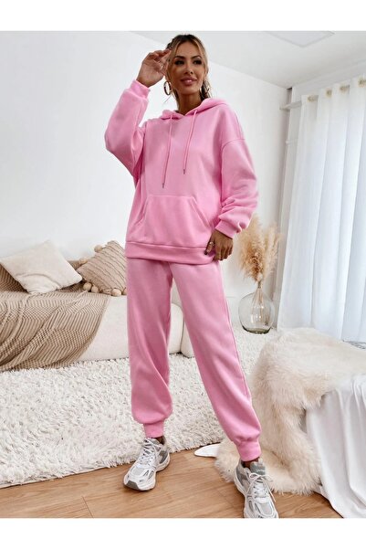 Machetta Kadın Baskısız Pembe Renk Kapüşonlu 3 iplik Eşofman Takımı