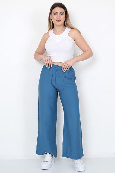 Fiftyone Wear Women's Elastic Waist Wide Leg Indigo Summer Pocket Linen Trousers