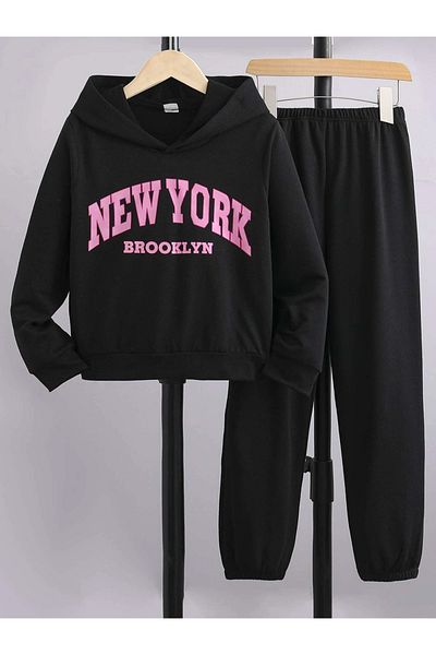 Keywest Παιδική φόρμα New York Brooklyn Pink Printed Μαύρη κουκούλα 3 κλωστών