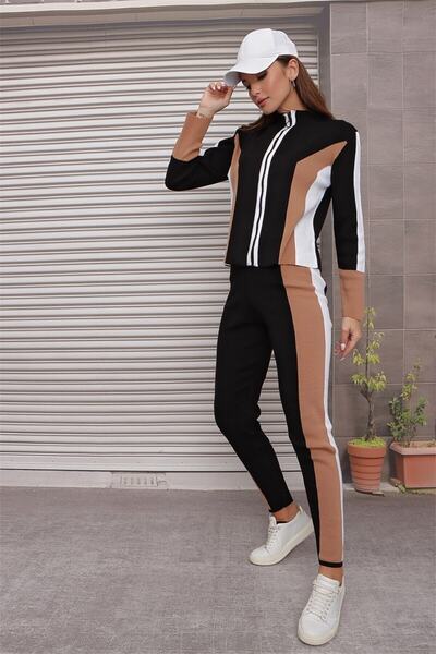 OMKA BUTİK Women's Camel Double Set Tights with Stripe Detailed Zippered Trousers