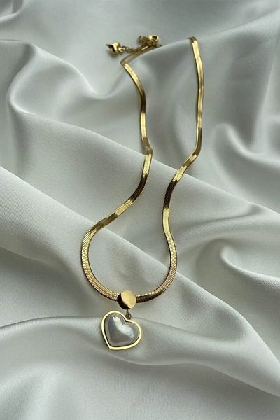 The Collection White Curved Mother-of-Pearl Stone Heart Necklace with Tarnishable Steel Gold Italian Chain