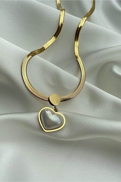 The Collection White Curved Mother-of-Pearl Stone Heart Necklace with Tarnishable Steel Gold Italian Chain