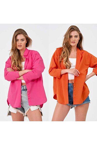 modazoom Cămașă de bază lungă supradimensionată, în 2 piese, fucsia și portoc...