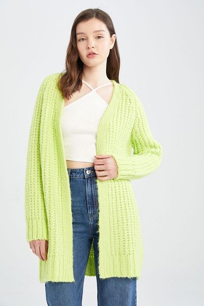 DeFacto Long Fit V Neck Soft Textured Long Basic Knitwear Cardigan U6718az22au
