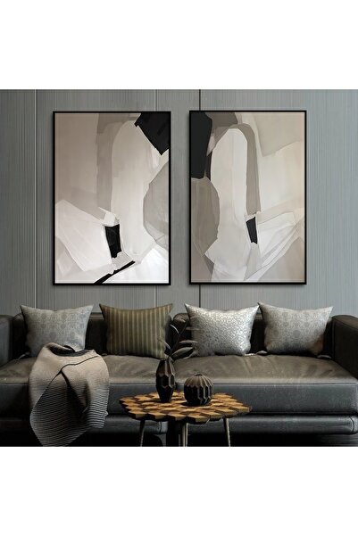 Markazip Bej Siyah Soyut Minimal Siyah Metal Çerçeveli Ikili Kanvas Tablo Lk460-k