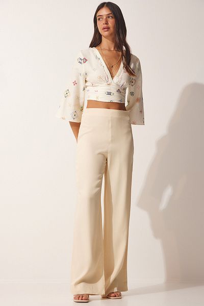 Happiness İstanbul Women's Cream Satin Surface Viscose Trousers WF00038