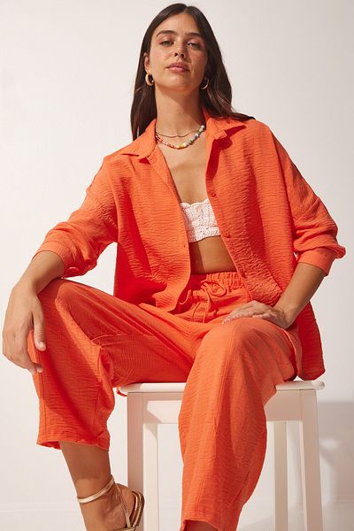 Happiness İstanbul Orangefarbenes Damen-Set aus Leinenhemd und Baggy-Hose DZ00080