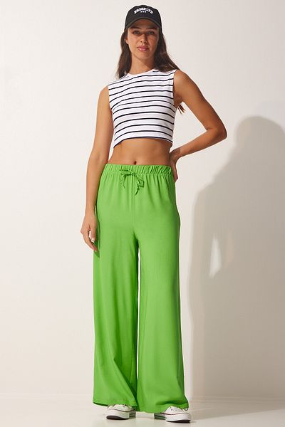 Happiness İstanbul Women's Light Green Cotton Viscose Palazzo Trousers BV00076