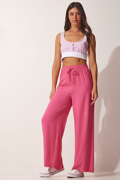 Happiness İstanbul Women's Pink Cotton Viscose Palazzo Trousers BV00076