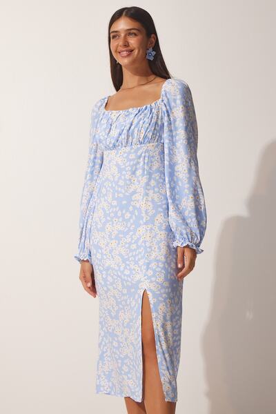 Happiness İstanbul Γυναικείο φόρεμα με υφή βισκόζης με γαλάζιο σχέδιο FN03073