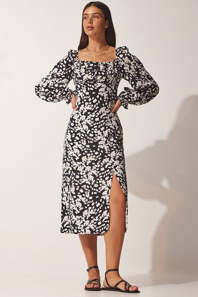 Happiness İstanbul Women's Black Patterned Viscose Woven Dress FN03073