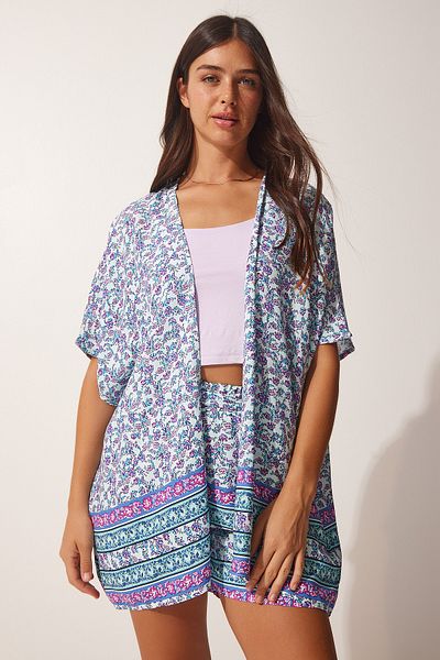 Happiness İstanbul Women's Light Blue Patterned Viscose Kimono Shorts Set FN03067