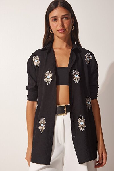 Happiness İstanbul Damska czarna, połyskująca koszula oversize Ayrobin z nadr...