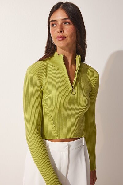 Happiness İstanbul Pulover de damă verde ulei cu fermoar tricotaj UB00120