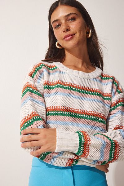 Happiness İstanbul Women's Cream Striped Knitwear Sweater MC00209