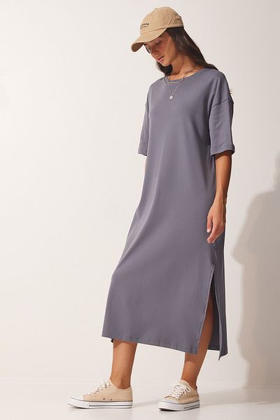Happiness İstanbul Women's Anthracite Cotton Daily Combed Cotton Dress UB00119